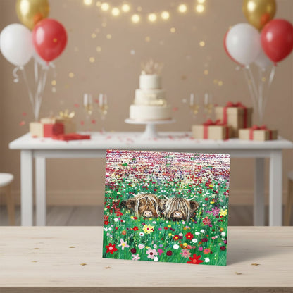 Made To Be Treasured Tracks Publishing Highland cow greeting card featuring two cows in a vibrant wildflower meadow.
