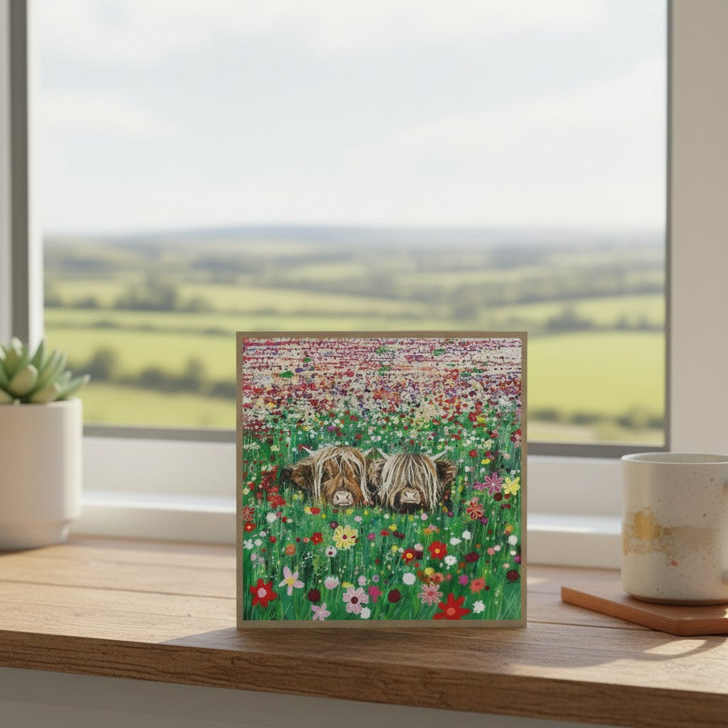 Made To Be Treasured Tracks Publishing blank greeting card featuring two Highland cows in a vibrant wildflower meadow.