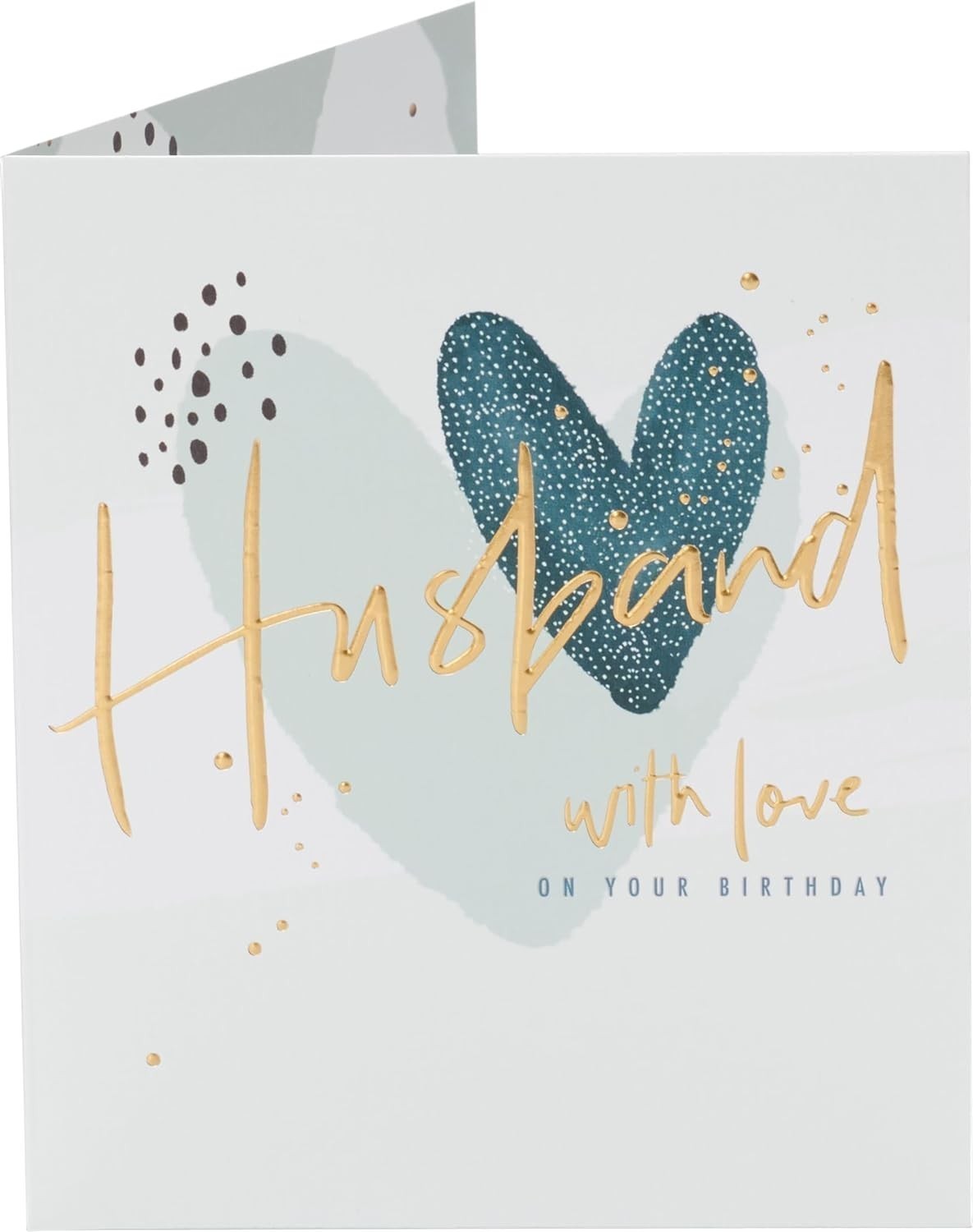 Made To Be Treasured Husband birthday card with gold foil script, teal heart, and abstract design elements.