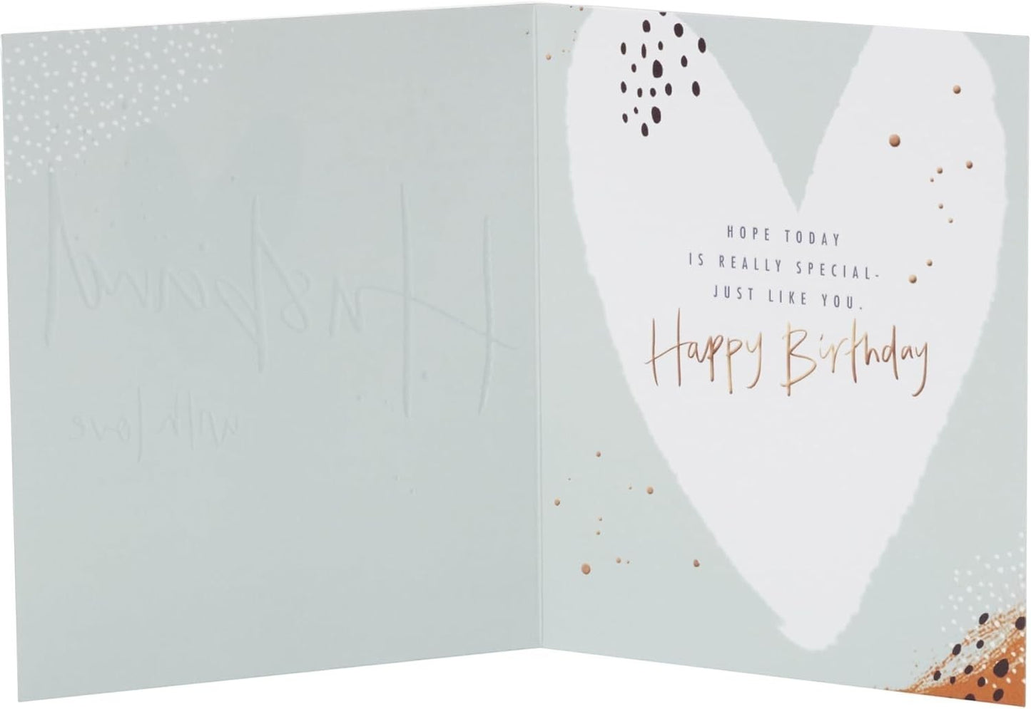 Made To Be Treasured Husband Birthday Card with gold foil script, textured teal heart, and rose gold foil lettering inside.