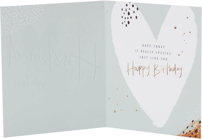 Made To Be Treasured Husband Birthday Card with gold foil script, textured teal heart, and rose gold foil lettering inside.