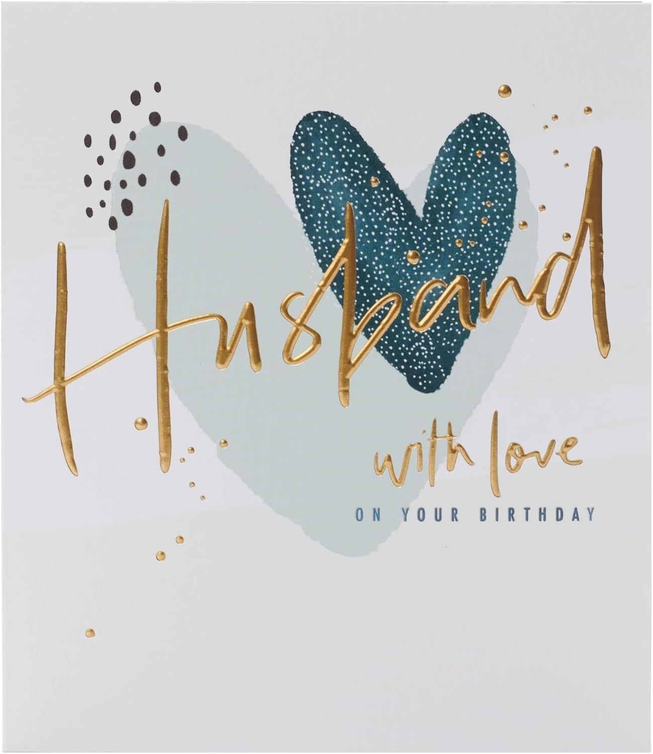 Made To Be Treasured Husband birthday card with gold foil script, teal heart, and geometric accents. Features 'with love on your birthday' text.