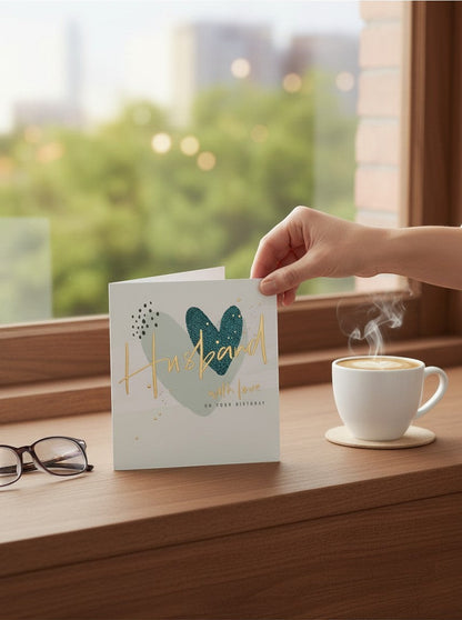 Made To Be Treasured Husband birthday card with gold foil script, teal heart, and geometric design. Includes envelope.