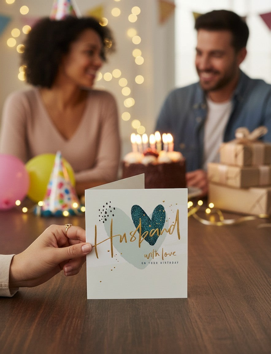 Made To Be Treasured Husband birthday card with gold foil script, teal heart, and geometric accents. Includes envelope.