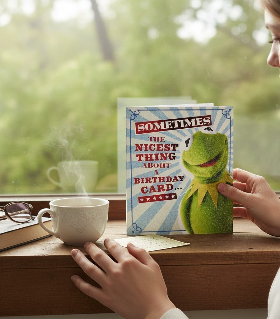 Made To Be Treasured Kermit The Frog birthday card with glitter accents and red text on a striped background.
