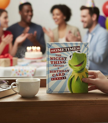 Made To Be Treasured Kermit the Frog birthday card with glitter accents and blue & white stripes. Reads 'Sometimes the nicest thing about a birthday card...'