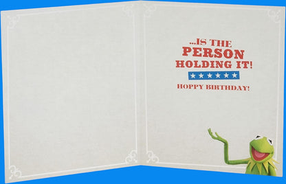 Made To Be Treasured Kermit the Frog birthday card with text "...IS THE PERSON HOLDING IT! HOPPY BIRTHDAY!"