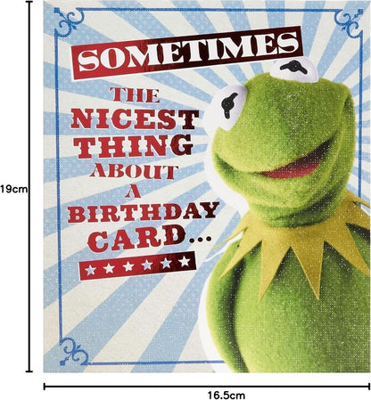 Made To Be Treasured Kermit the Frog birthday card with glitter accents and red text reading "Sometimes the nicest thing about a birthday card..."