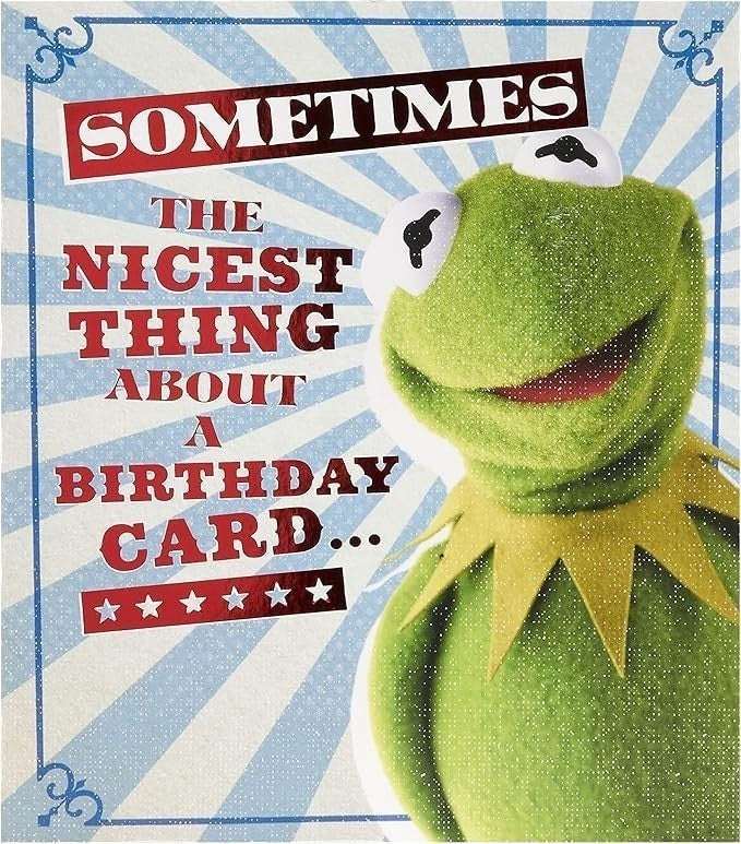 Made To Be Treasured Kermit the Frog birthday card with glitter accents and red text on a blue striped background.