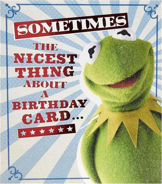 Made To Be Treasured Kermit the Frog birthday card with glitter accents and red text on a blue striped background.