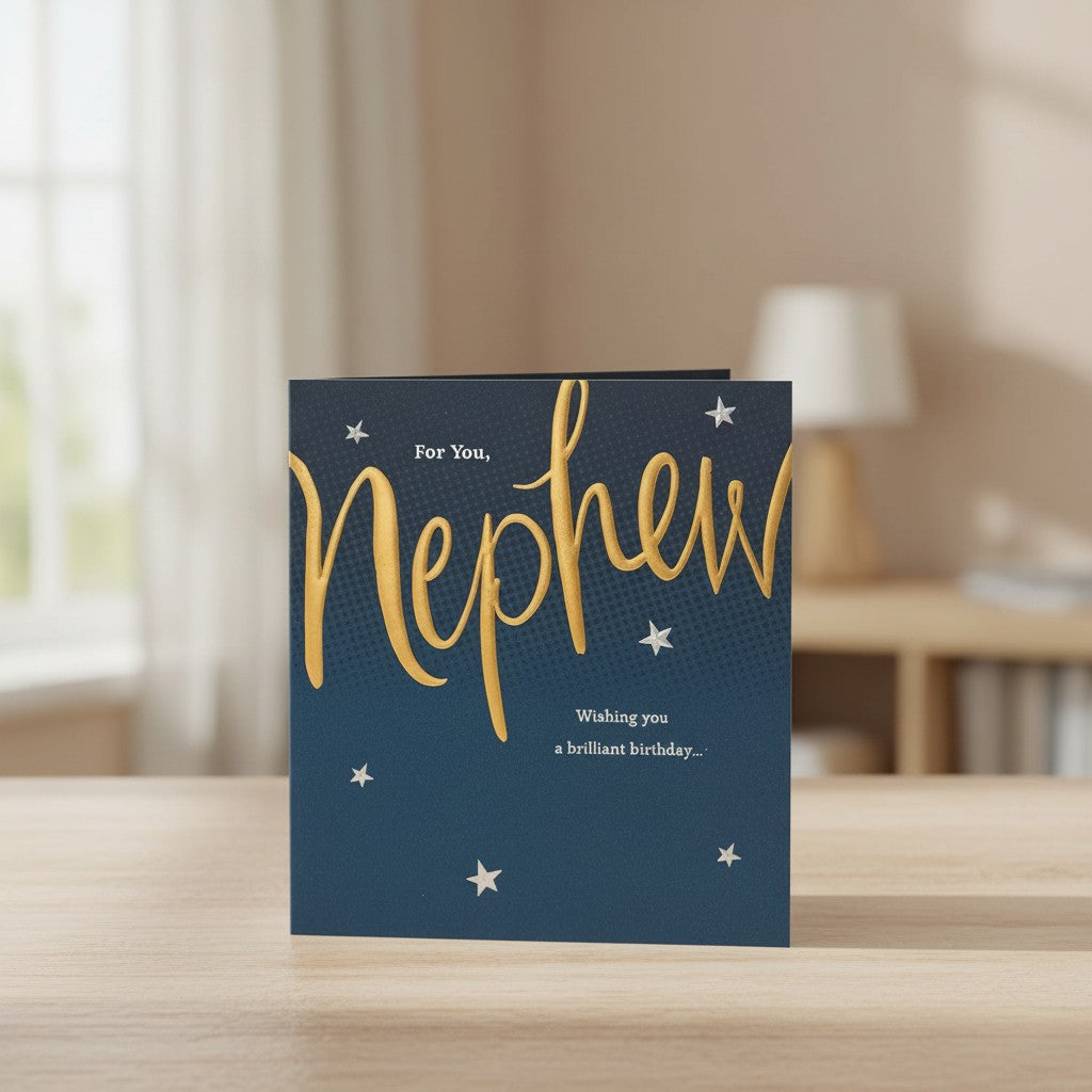 Made To Be Treasured nephew birthday card with navy blue background, gold foil text, and silver stars. Features