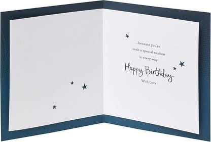 Made To Be Treasured nephew birthday card with navy blue, gold foil text, and silver stars. Inside message reads "Happy Birthday With Love".