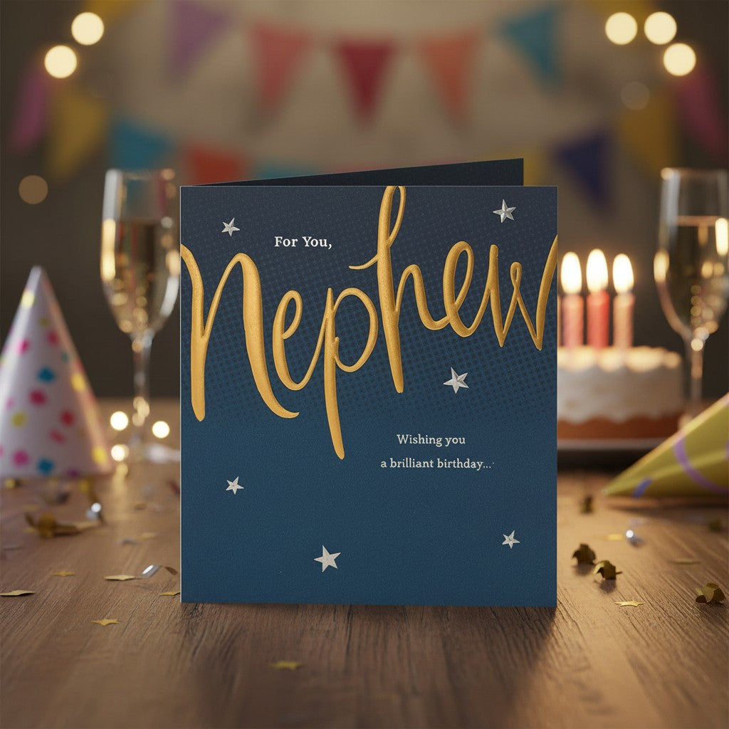 Made To Be Treasured nephew birthday card with gold foil text and silver stars on navy blue background.