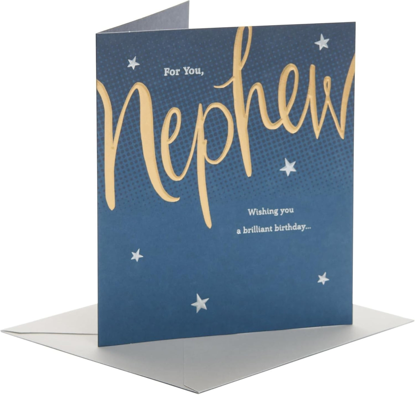 Made To Be Treasured nephew birthday card with gold foil text and silver stars on navy blue background.