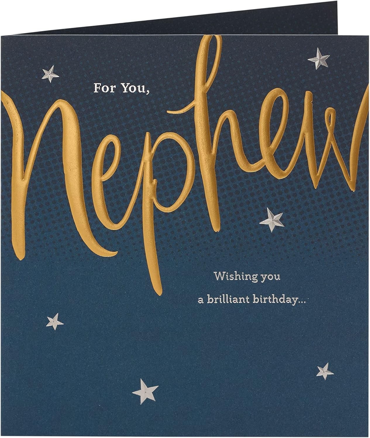 Made To Be Treasured nephew birthday card with navy blue background, gold foil text, and silver stars. Features heartfelt message.