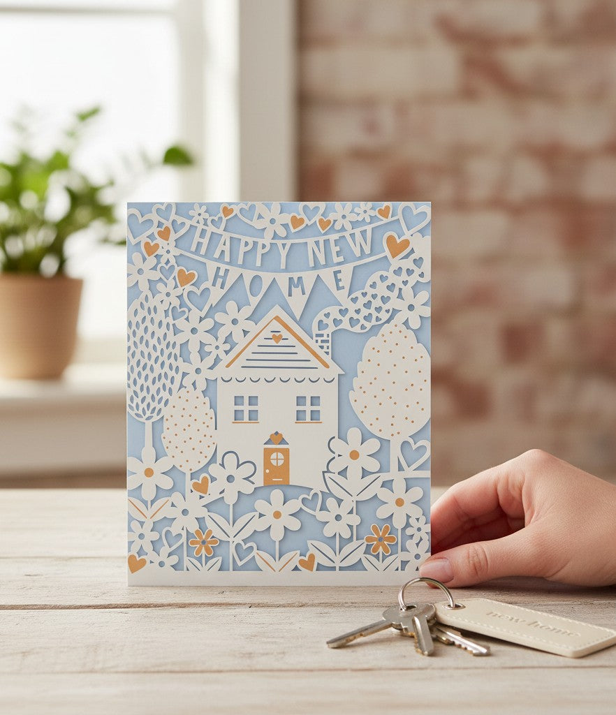 Made To Be Treasured laser cut card with "Happy New Home" banner, white house, flowers, and hearts. Multicoloured.