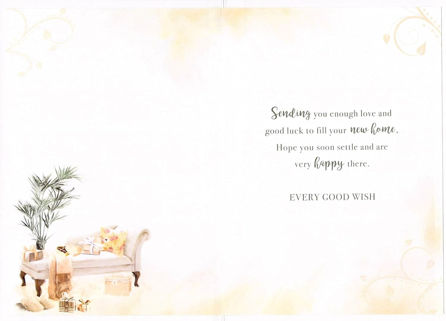 Made To Be Treasured luxury housewarming card with silver foil, featuring a chaise lounge with gifts and a plant. Inside message wishes good luck for a new home.