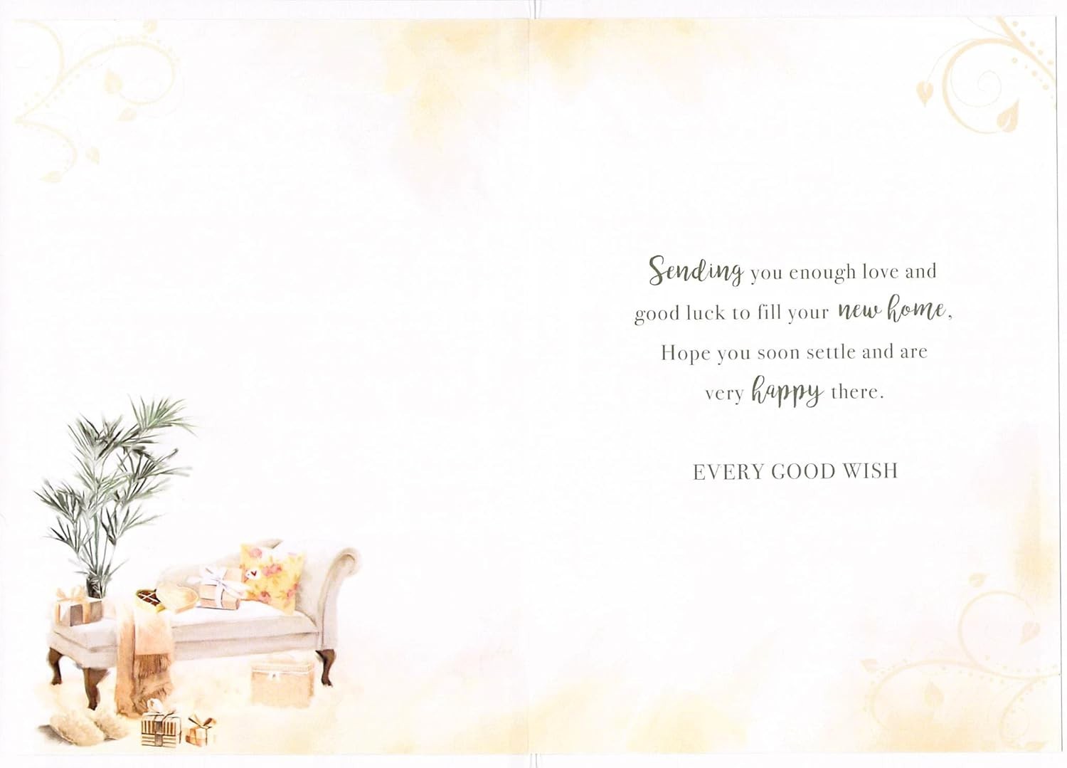 Made To Be Treasured luxury housewarming card with silver foil, featuring a chaise lounge with gifts and a plant. Inside message wishes good luck for a new home.