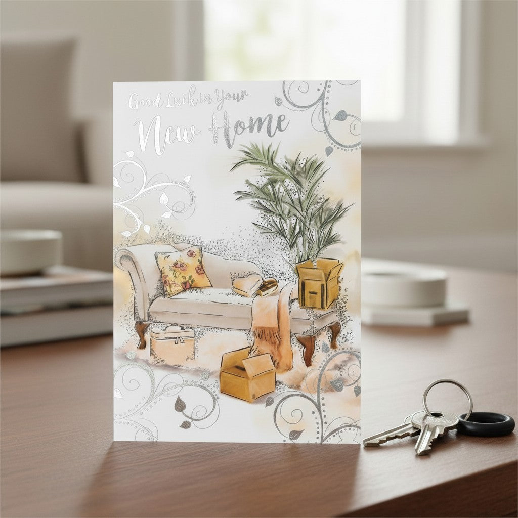 Made To Be Treasured Good Luck In Your New Home card with silver foil, featuring a sofa, plant, and moving boxes.