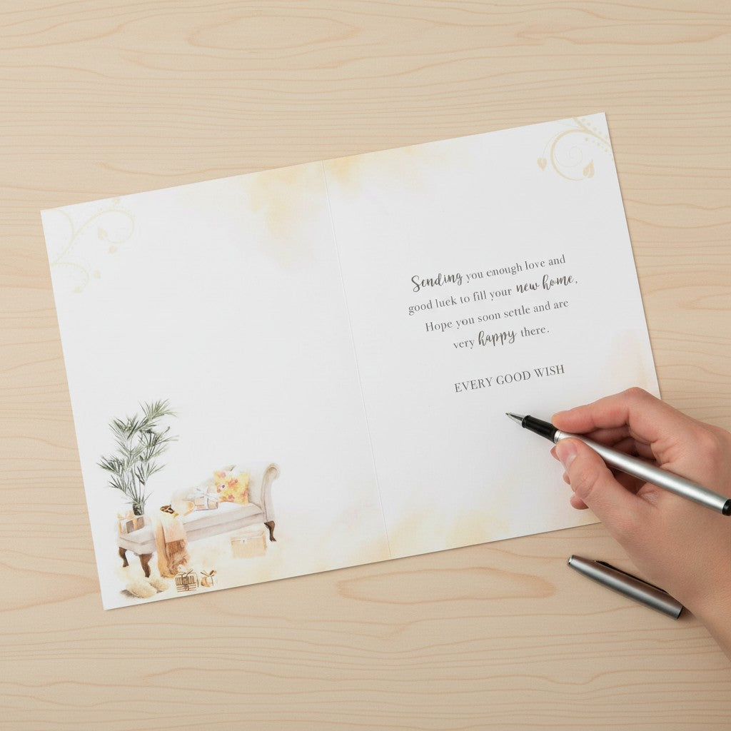 Made To Be Treasured luxury housewarming card with silver foil, featuring a watercolour illustration of a sofa and gifts.