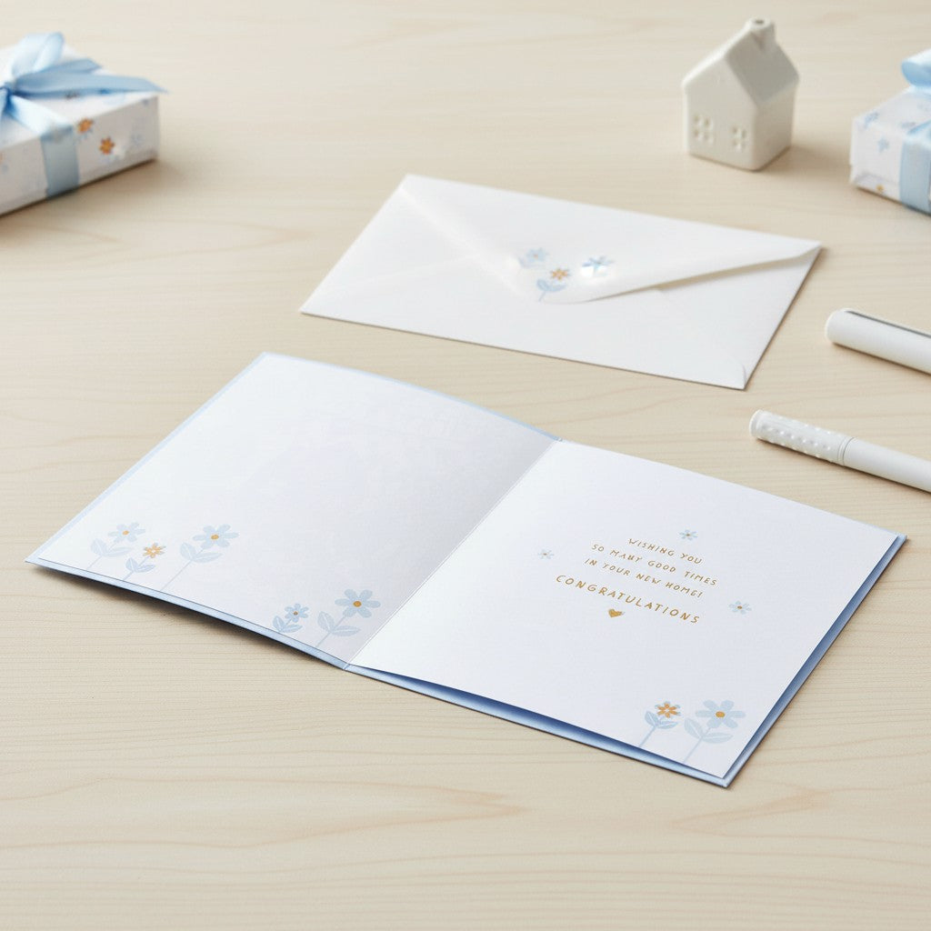 Made To Be Treasured New Home Congratulations card with laser cut floral design and gold text. Blue and white.