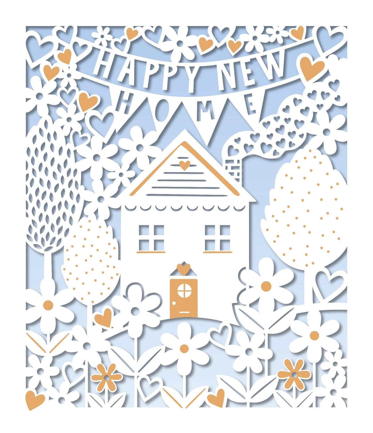 Made To Be Treasured laser cut card with "Happy New Home" banner, house, trees, and flowers in white and orange on a blue background.