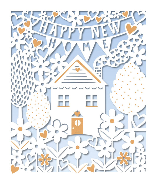 Made To Be Treasured laser cut card with "Happy New Home" banner, house, trees, and flowers in white and orange on a blue background.