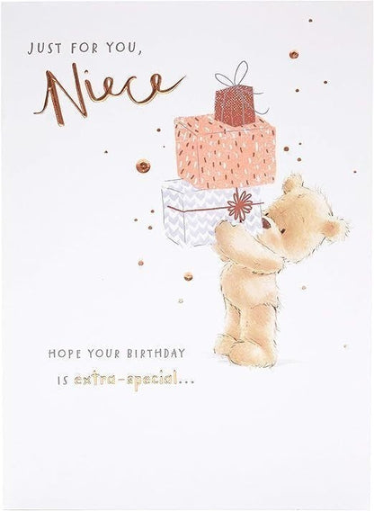Made To Be Treasured niece birthday card with teddy bear holding gifts. Rose gold text.
