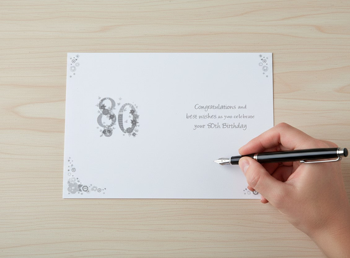 Made To Be Treasured Nigel Quiney 80th birthday card with floral number 80 design and glitter finish being signed