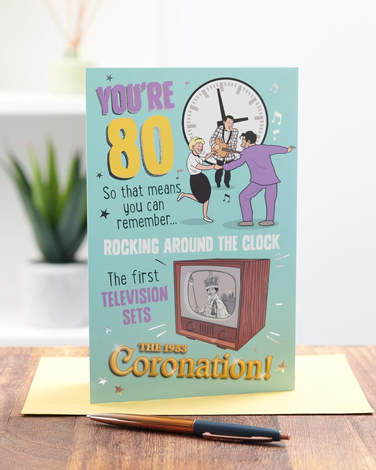 Made To Be Treasured retro 80th birthday card featuring 1950s nostalgia, vintage TV, and rock and roll illustrations.