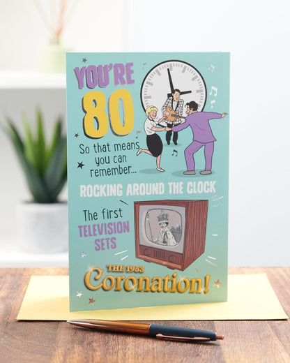 Made To Be Treasured retro 80th birthday card featuring 1950s nostalgia, vintage TV, and rock and roll illustrations.