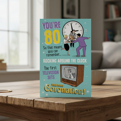 Made To Be Treasured retro 80th birthday greeting card with 1950s nostalgic illustrations on a teal background.