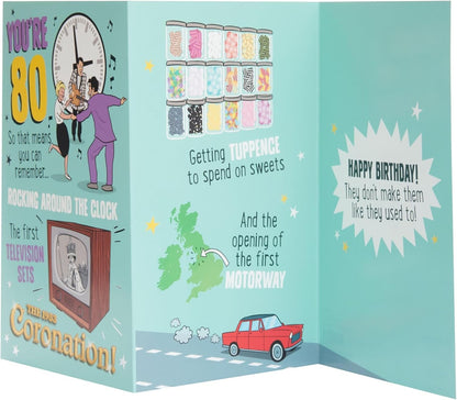 Made To Be Treasured retro 80th birthday card featuring 1950s nostalgia, sweets, and vintage television illustrations.