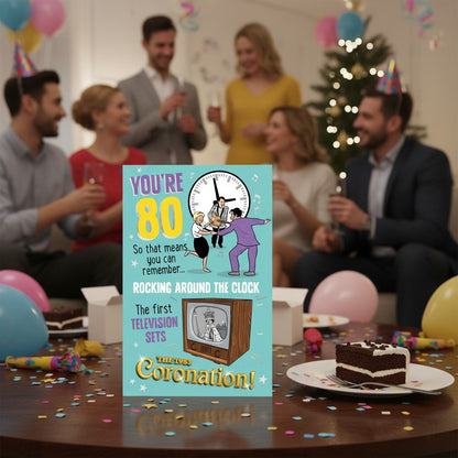 Made To Be Treasured retro 80th birthday card featuring 1950s nostalgia, dancing, and vintage television graphics.
