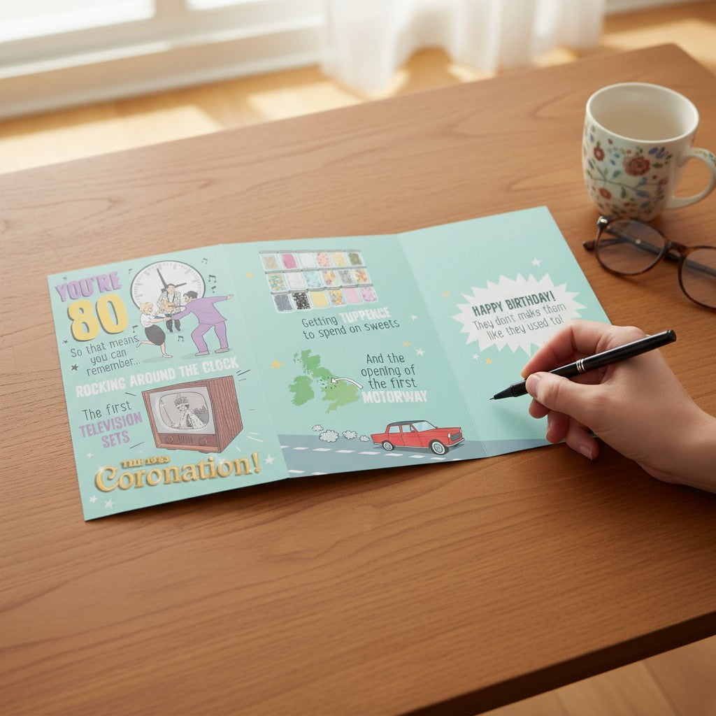 Made To Be Treasured retro 80th birthday greeting card featuring 1950s nostalgia illustrations on a light blue background