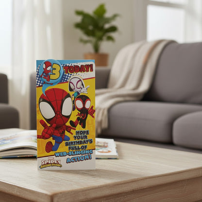 Made To Be Treasured 3rd birthday card featuring Spider-Man, Spider-Gwen, and Miles Morales. Includes colouring activity.