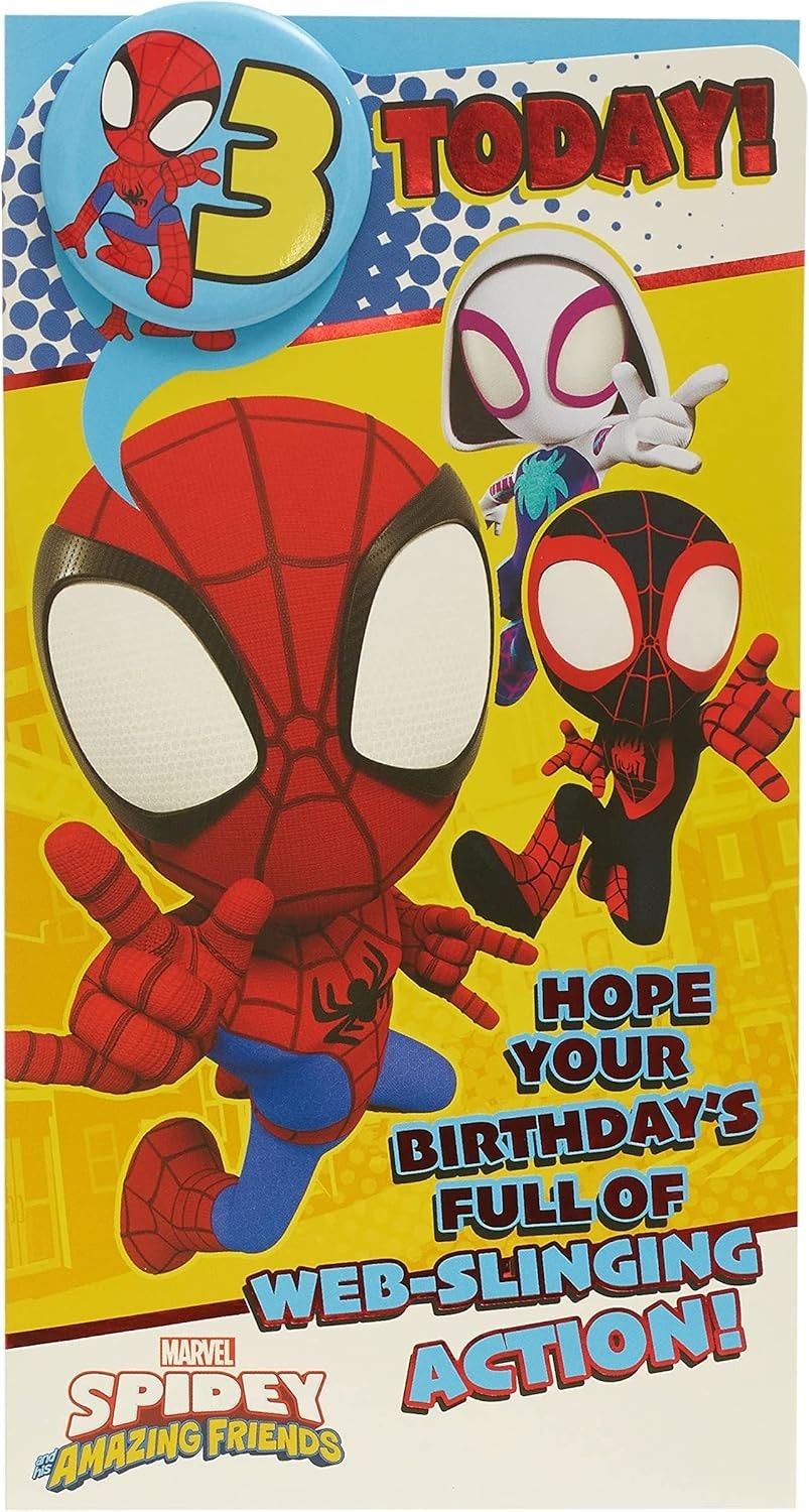 Made To Be Treasured 3rd birthday card featuring Spider-Man, Spider-Gwen, and Miles Morales. Front reads '3 TODAY!' and 'HOPE YOUR BIRTHDAY'S FULL OF WEB-SLINGING ACTION!'