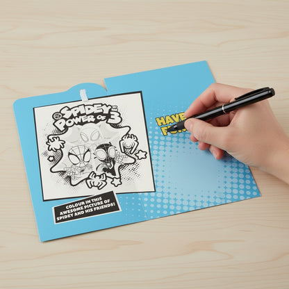 Made To Be Treasured 3rd birthday card featuring Spider-Man, Spider-Gwen, and Miles Morales with a colouring activity inside. Blue and yellow.