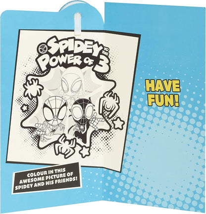 Made To Be Treasured 3rd birthday card featuring Spider-Man, Spider-Gwen, and Miles Morales with a colouring activity inside. Blue and yellow.