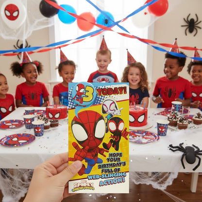 Made To Be Treasured 3rd Birthday Card featuring Spider-Man, Spider-Gwen, and Miles Morales in cartoon style. Includes interactive coloring activity.