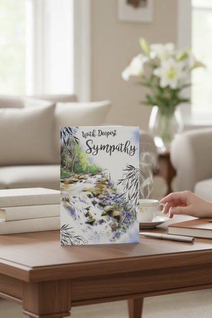 Made To Be Treasured With Deepest Sympathy card featuring a peaceful waterfall, rocks, and a small bird.