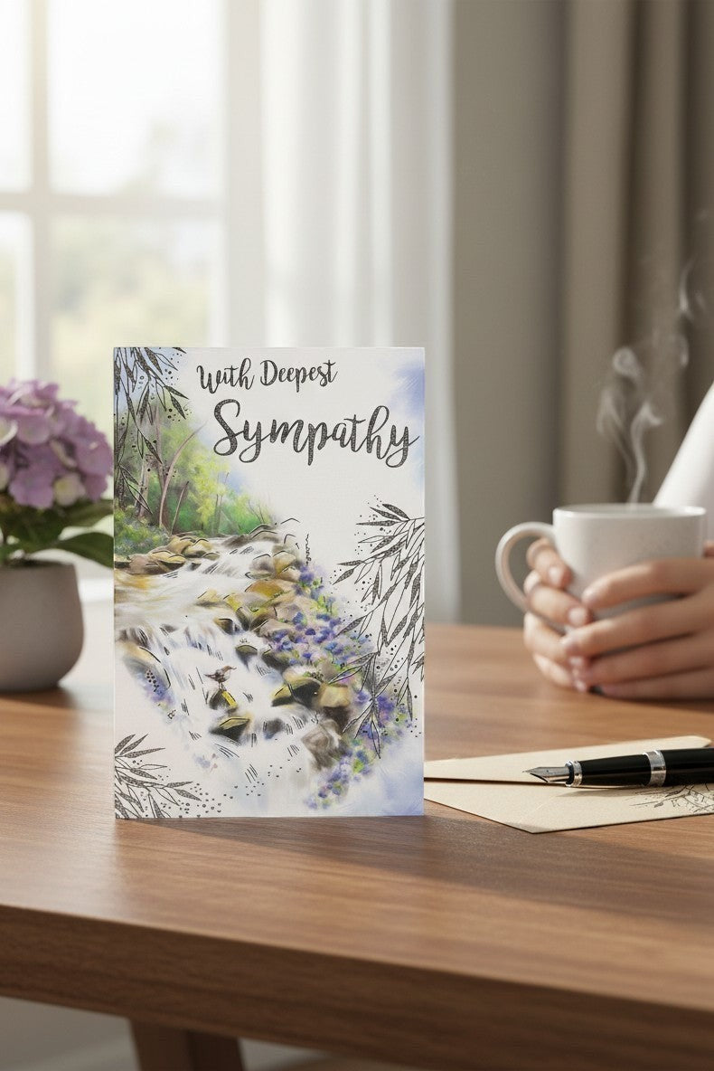 Made To Be Treasured sympathy card with a peaceful waterfall, rocks, and a small bird. Features floral accents and foliage.