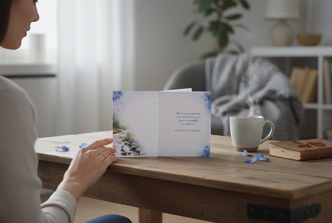 Made To Be Treasured sympathy card with peaceful waterfall, bird, and blue foliage. Offers comfort and support.