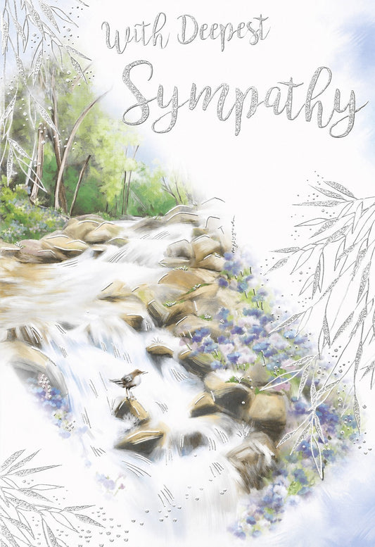 Made To Be Treasured With Deepest Sympathy card with waterfall, bird, and floral design. Silver glitter accents.