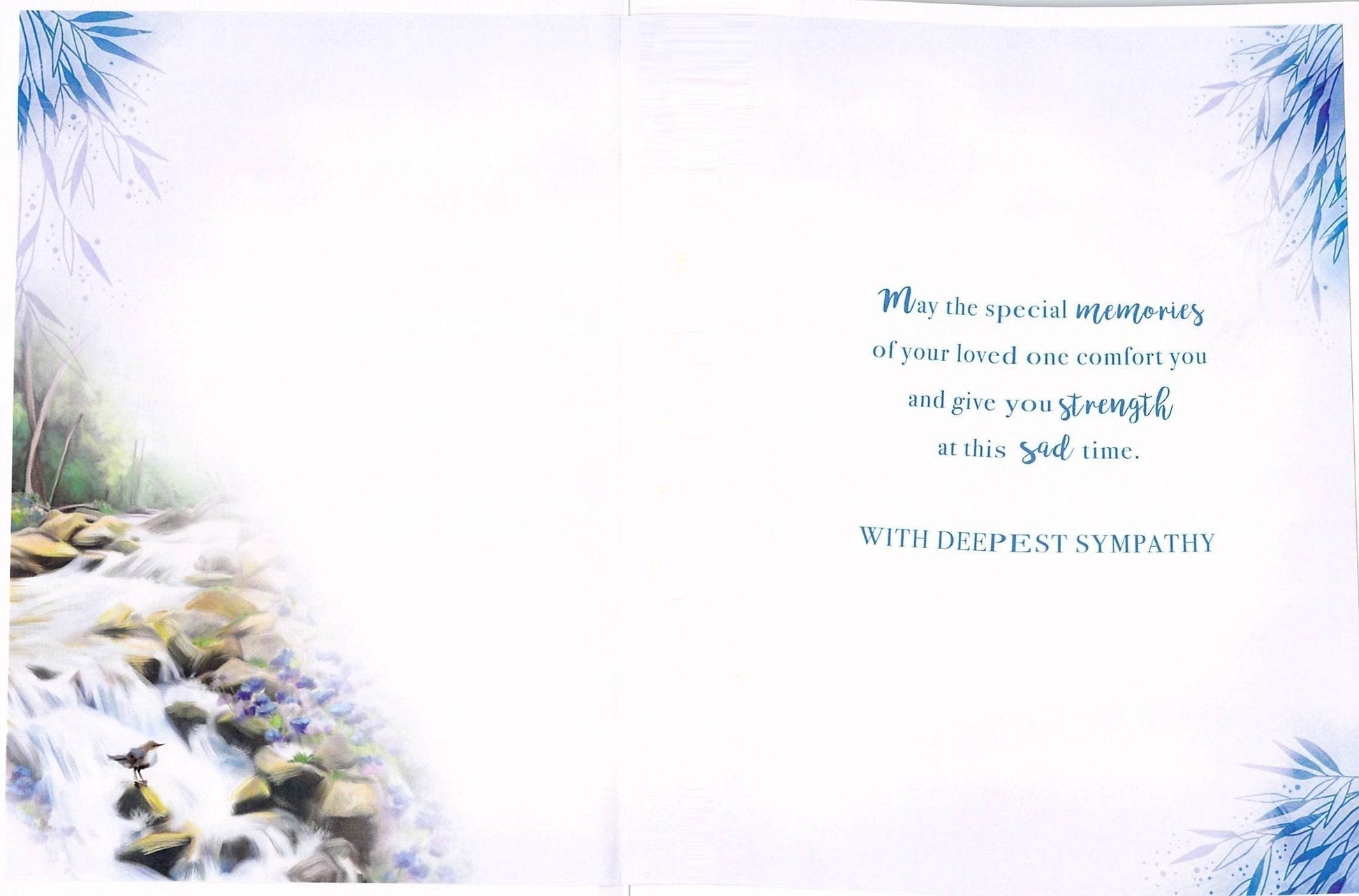 Made To Be Treasured sympathy card with peaceful waterfall, bird, and floral design. Text reads: May the special memories of your loved one comfort you and give you strength at this sad time. With Deepest Sympathy.