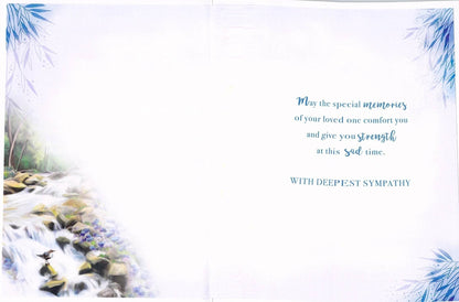 Made To Be Treasured sympathy card with peaceful waterfall, bird, and floral design. Text reads: May the special memories of your loved one comfort you and give you strength at this sad time. With Deepest Sympathy.