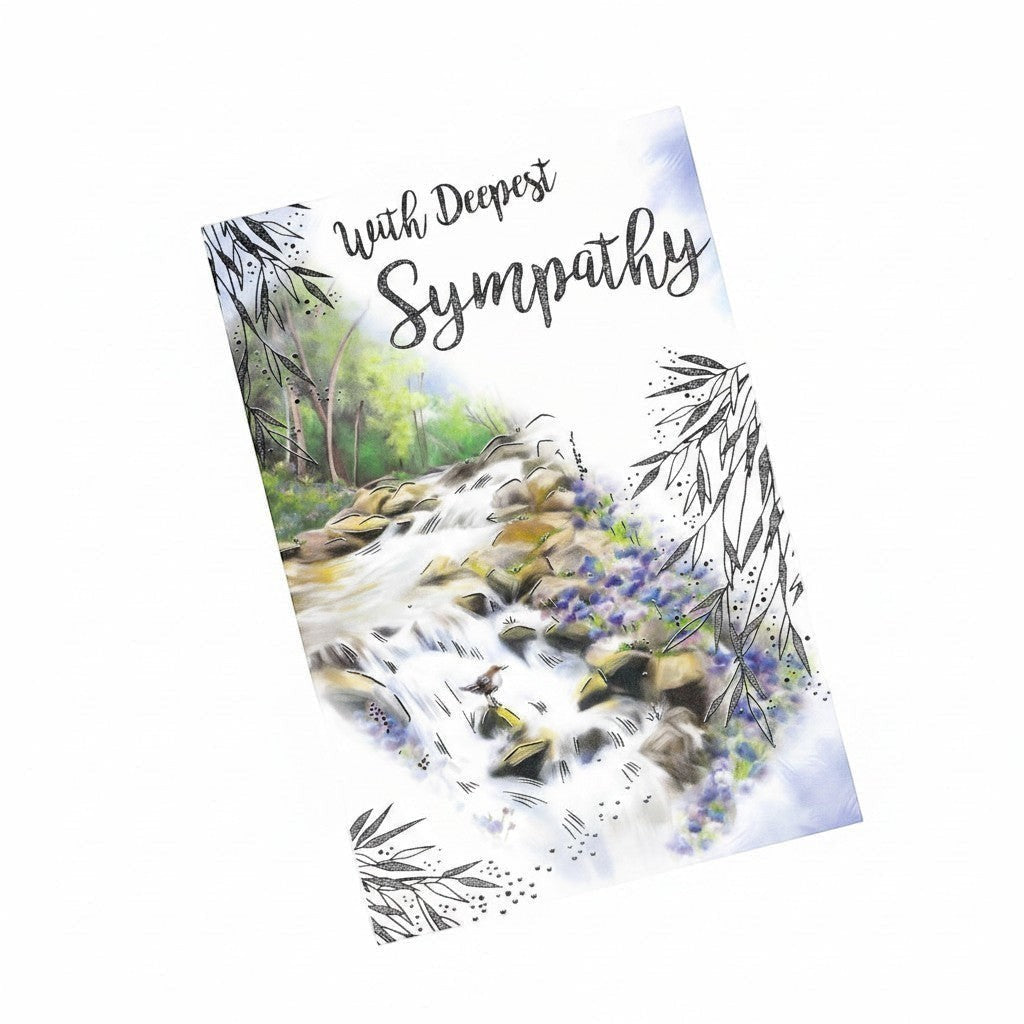 Made To Be Treasured With Deepest Sympathy card featuring a peaceful waterfall and woodland scene with floral accents.