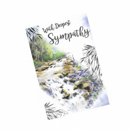 Made To Be Treasured With Deepest Sympathy card featuring a peaceful waterfall and woodland scene with floral accents.