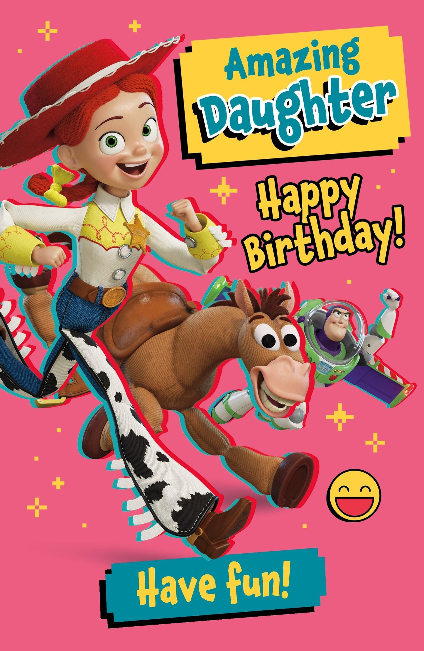 Made To Be Treasured Toy Story birthday card for a daughter featuring Jessie, Bullseye, and Buzz Lightyear on pink.