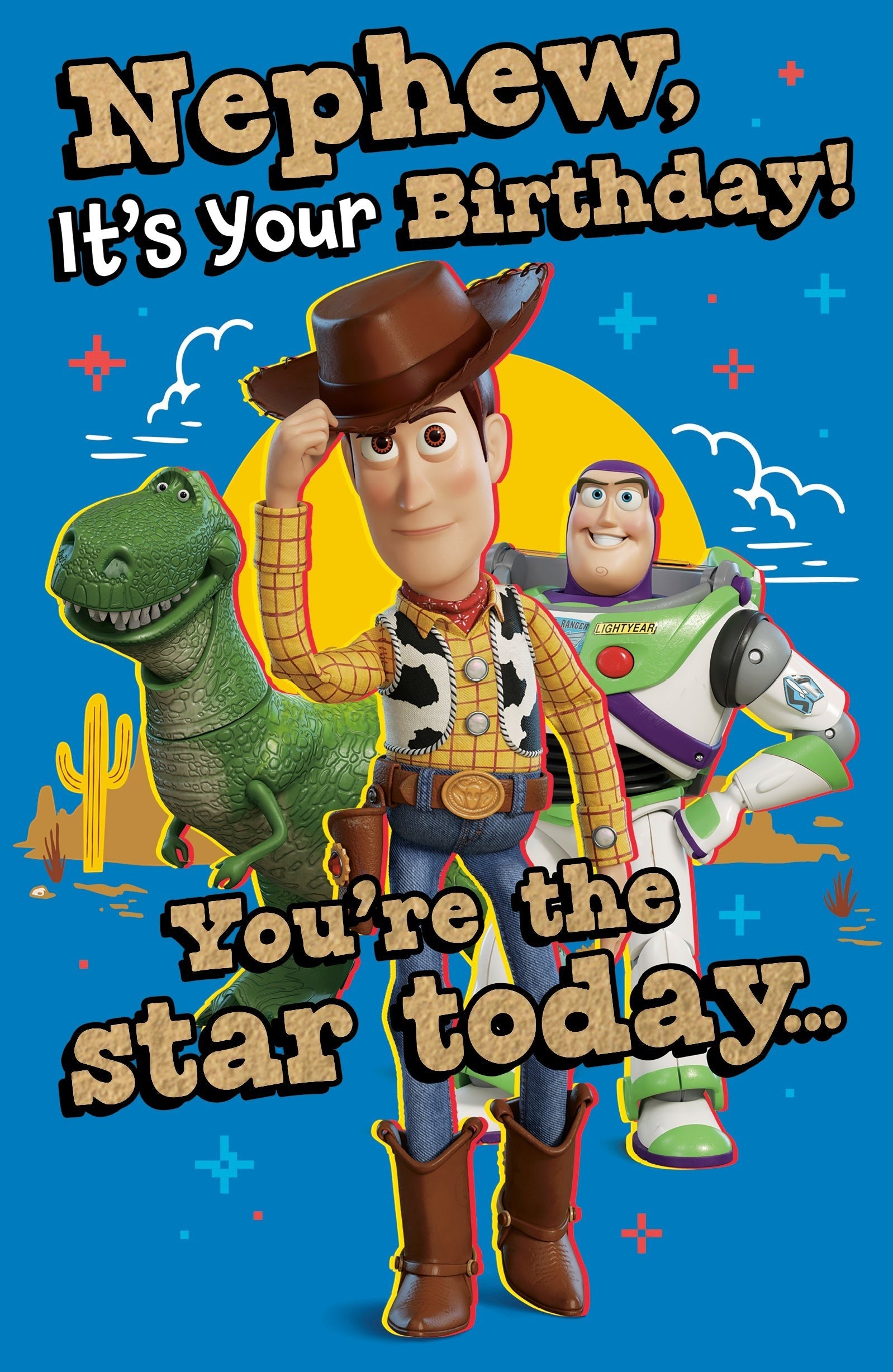 Made To Be Treasured Disney Pixar Toy Story birthday card for a nephew featuring Woody, Buzz Lightyear, and Rex.